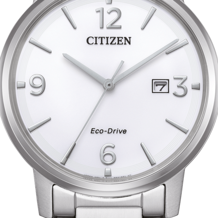 Detalle de la esfera blanca del Citizen Eco Drive Pair BM6755-71A con índices plateados y ventana de fecha
