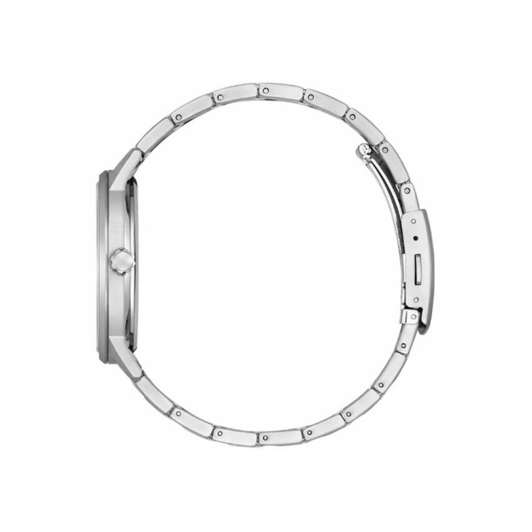 Vista lateral del Citizen Eco Drive Pair BM6755-71A con caja fina y brazalete de acero