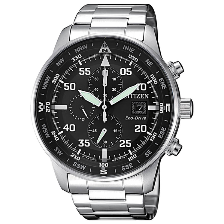 Reloj Citizen Aviator Crono CA0690-88E Eco-Drive con esfera negra, cronógrafo y brazalete de acero inoxidable