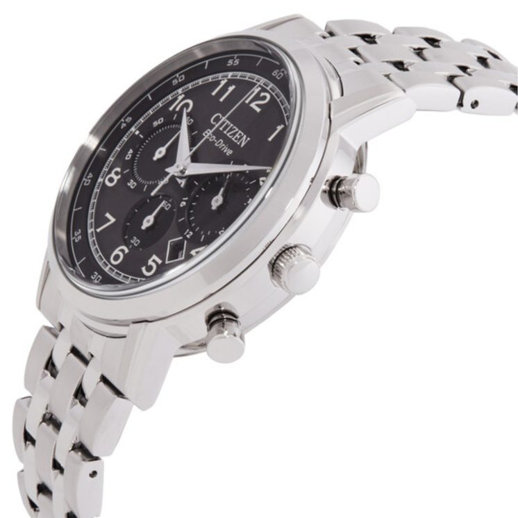 Detalle lateral del Citizen Chrono CA4630-53E con esfera negra, subesferas de cronógrafo y caja de acero