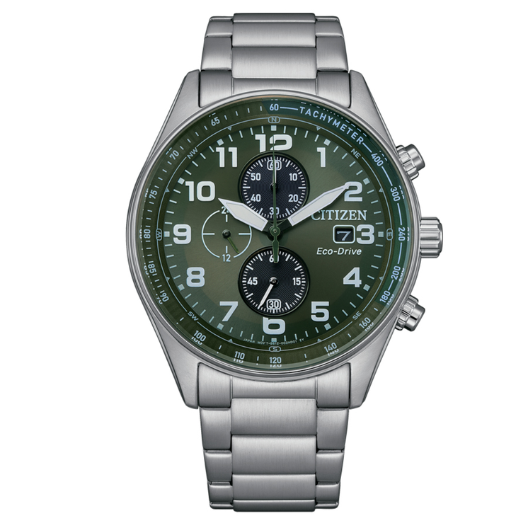 Reloj Citizen Urban Crono CA0770-72X Eco-Drive con esfera verde, cronógrafo y brazalete de acero inoxidable