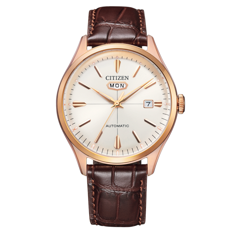 Reloj Citizen Automático C7 NH8393-05A con esfera blanca, caja dorada y correa de piel marrón
