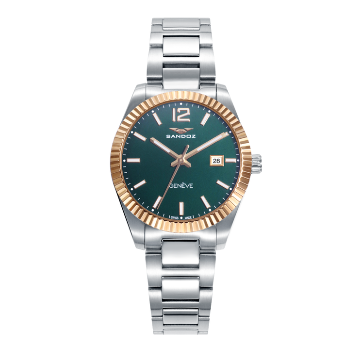 Reloj Sandoz Casual 81384-65 para mujer con esfera verde, detalles dorados y brazalete de acero inoxidable
