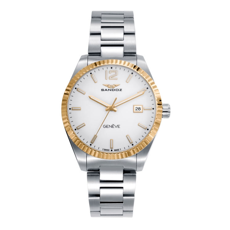 Reloj Sandoz Casual 81525-59 con esfera blanca, bisel dorado y brazalete de acero inoxidable