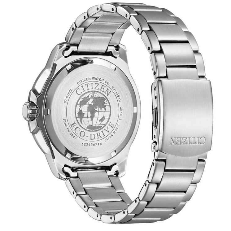 Vista trasera del Citizen Marine Sport AW1526-89X con caja y brazalete de acero inoxidable