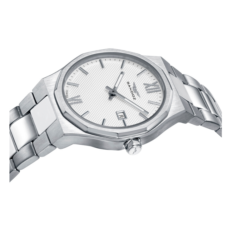 Detalle del Sandoz Style 83004-03 con esfera blanca, caja de acero y brazalete metálico