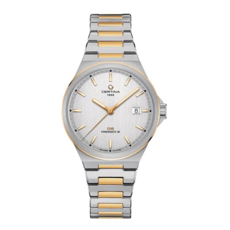 Reloj Certina DS-7 Powermatic 80 C043.407.22.031.00 automático con esfera plateada y brazalete bicolor de acero y tono dorado