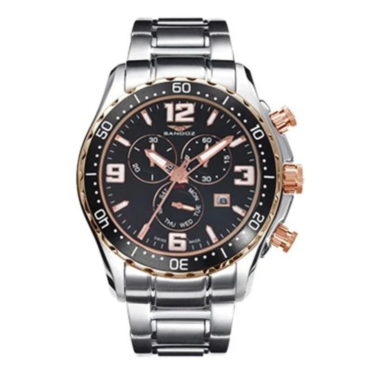Reloj Sandoz 81325-95 con esfera negra, detalles en tono cobre y brazalete de acero