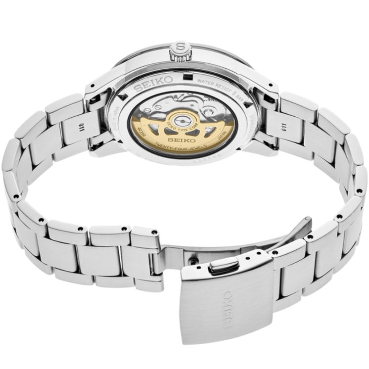Vista trasera del Seiko Presage Style60's SSA425J1 con movimiento automático visible y brazalete de acero