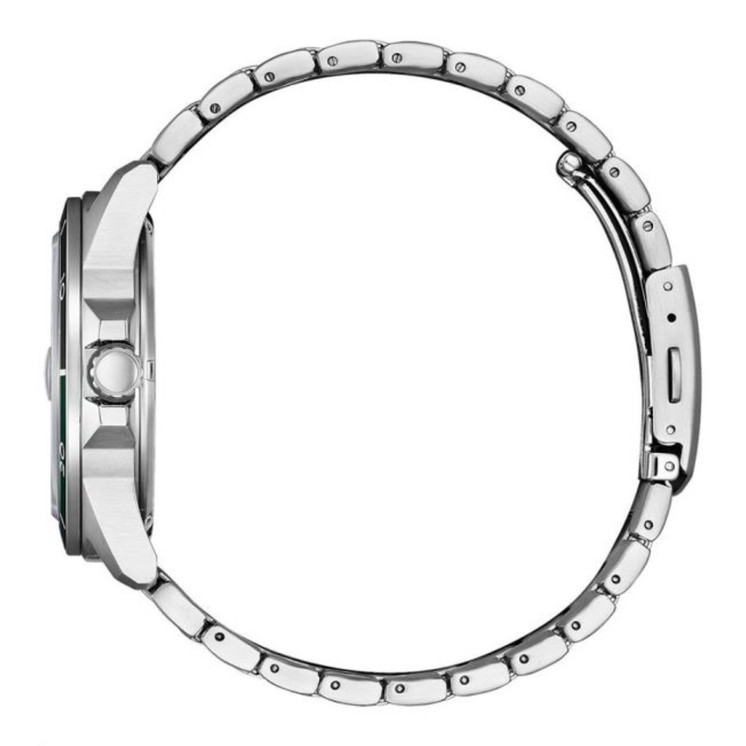 Vista lateral del Citizen Marine 1810 AW1816-89X con caja de acero y brazalete metálico