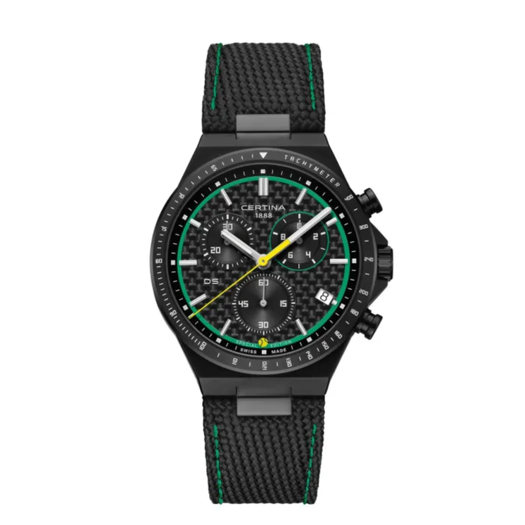 Reloj Certina DS-7 Chronograph Padel Edition by Marta Ortega C043.417.38.201.10 con esfera negra, detalles verdes y correa negra