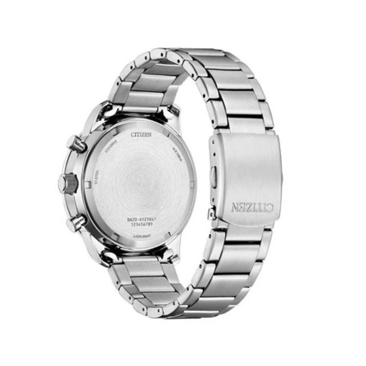 Vista trasera del Citizen Chrono Aviation CA4500-91A con caja y brazalete de acero inoxidable