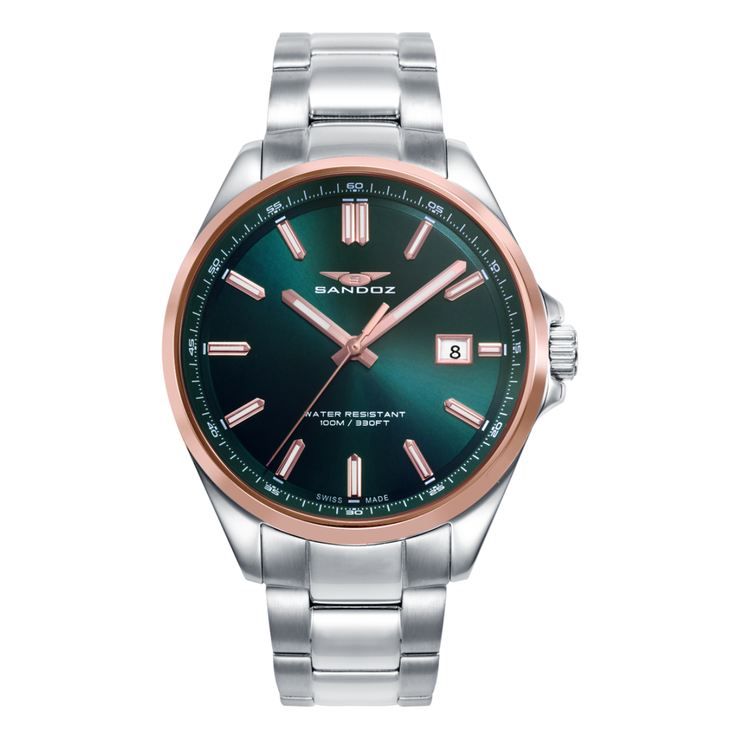 Reloj Sandoz Casual 83001-67 con esfera verde, detalles en tono rosa y brazalete de acero inoxidable