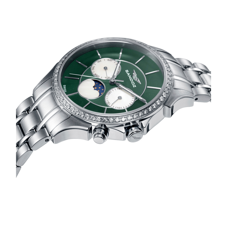 Detalle del Sandoz Classic 81376-99 con esfera verde, subesferas blancas y caja de acero con circonitas