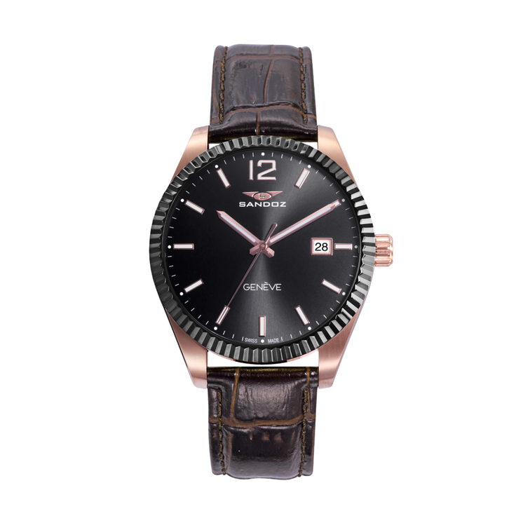 Reloj Sandoz Timeless Casual 81523-55 con esfera negra, caja en tono oro rosa y correa de piel marrón