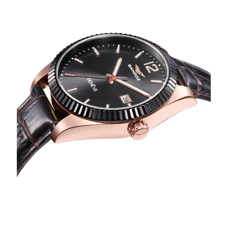 Detalle lateral del Sandoz Timeless Casual 81523-55 con esfera negra, caja en tono oro rosa y correa de piel marrón