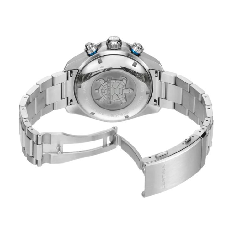 Vista trasera del Certina DS Action Diver Chrono C032.827.11.041.00 con caja y brazalete de acero inoxidable