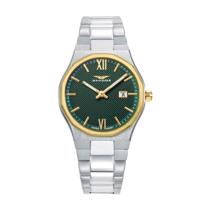 Reloj Sandoz Style 83004-63 con esfera verde, bisel dorado y brazalete de acero inoxidable