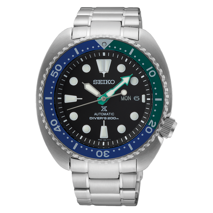 Reloj Seiko Prospex Turtle SRPJ35K1 Tropical Lagoon automático con esfera negra, bisel azul y verde y brazalete de acero inoxidable