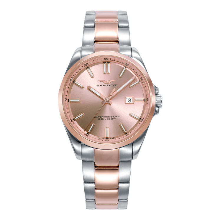 Reloj Sandoz Casual 83000-77 para mujer con esfera rosa y brazalete bicolor de acero y tono oro rosa