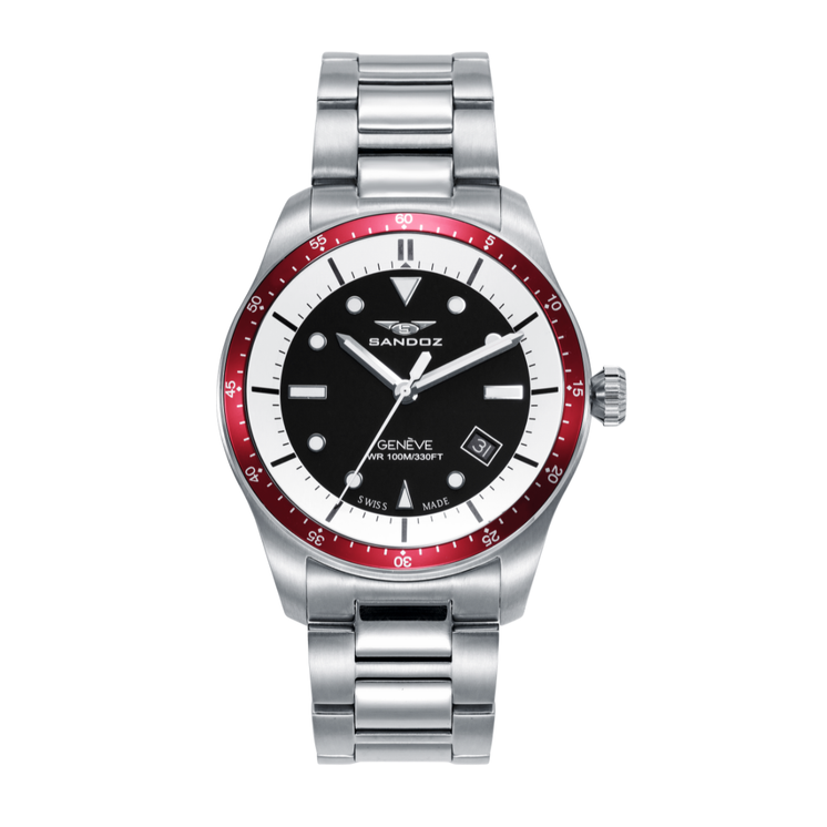 Reloj Sandoz Sport 81501-99 con esfera negra, bisel rojo y brazalete de acero inoxidable