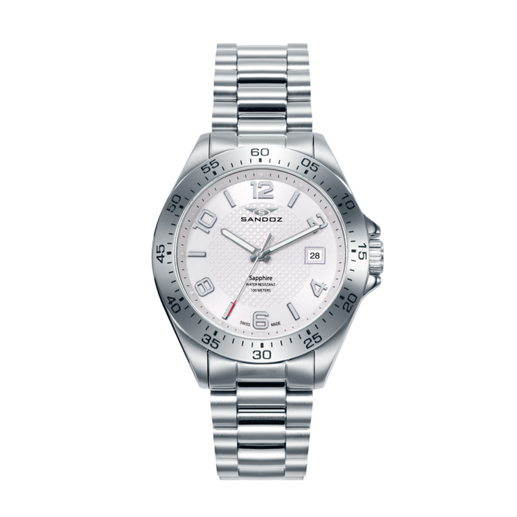 Reloj Sandoz Sport 81529-05 con esfera blanca, números arábigos y brazalete de acero inoxidable