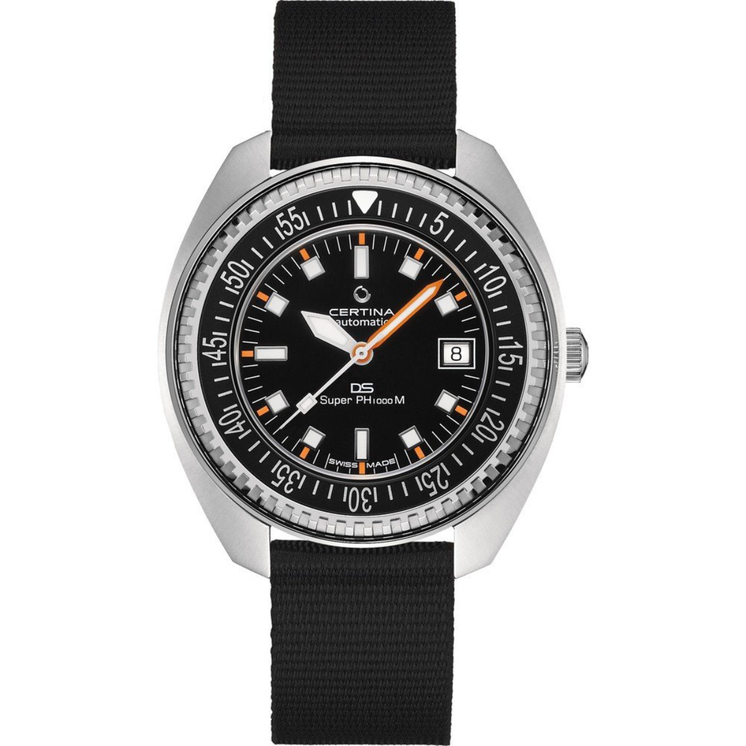 Reloj Certina DS SUPER PH1000M C024.907.18.051.00 automático con esfera negra, bisel de buceo y correa negra
