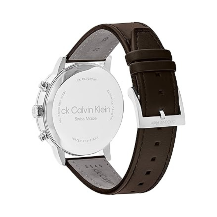 Vista trasera del Calvin Klein Gauge 25000029 con caja de acero y correa de piel marrón