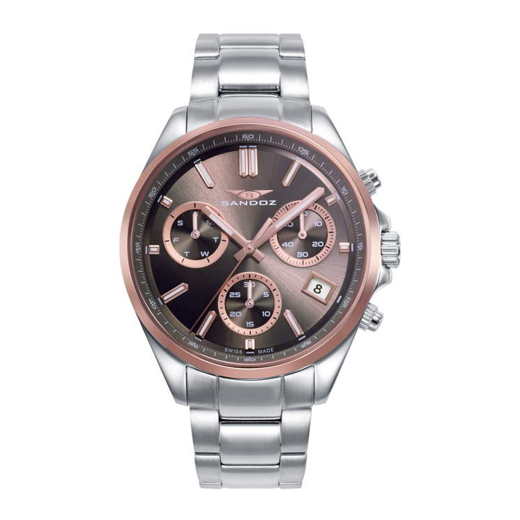 Reloj Sandoz Casual 83003-17 con esfera gris, cronógrafo y detalles en tono rosa