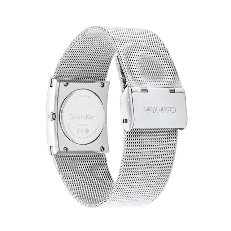 Vista trasera del Calvin Klein Pulse 25100061 con caja y brazalete de acero inoxidable