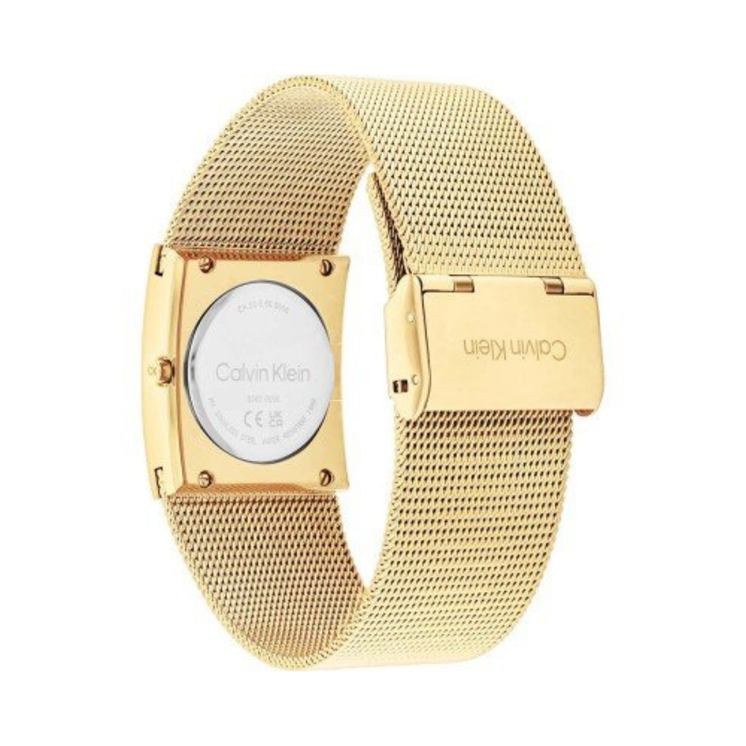 Vista trasera del Calvin Klein Pulse 25100062 con caja dorada y brazalete de malla milanesa