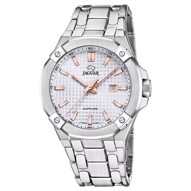 Reloj Jaguar Diplomatic J1009/1 con esfera blanca, detalles en tono naranja y brazalete de acero inoxidable