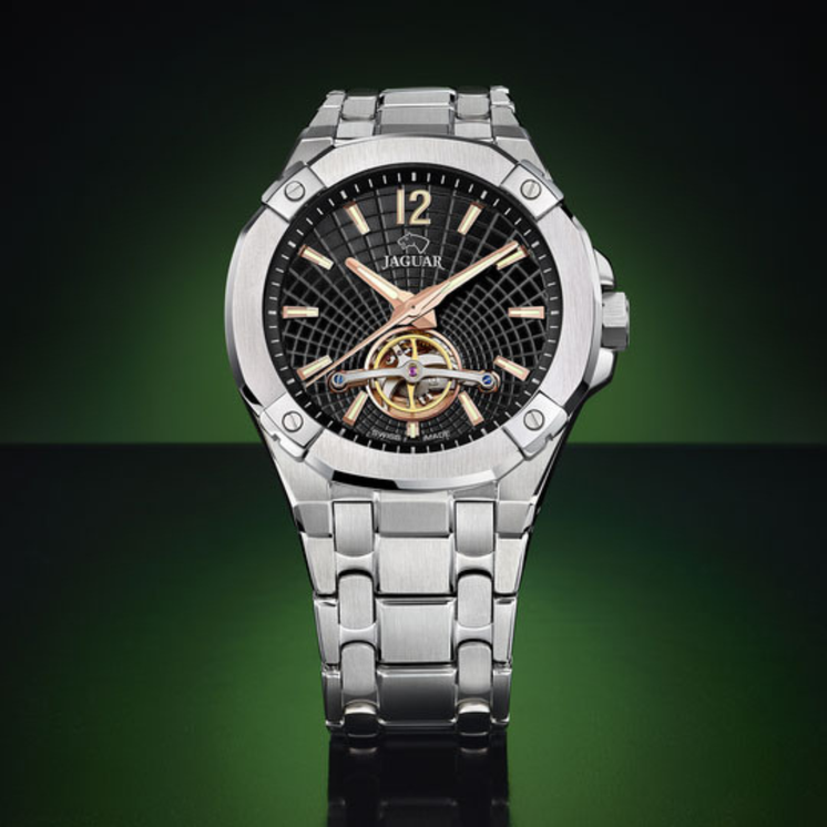 Reloj Jaguar Automático Balancier J1007/4 con esfera negra, detalles en tono cobre y brazalete de acero