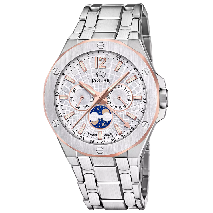 Reloj Jaguar Swiss Made J1039/1 con esfera plateada, detalles en tono cobre y brazalete de acero inoxidable