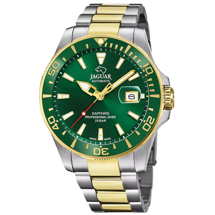 Reloj Jaguar Pro Diver Automático D887/2 con esfera verde, bisel verde y brazalete bicolor de acero y tono dorado