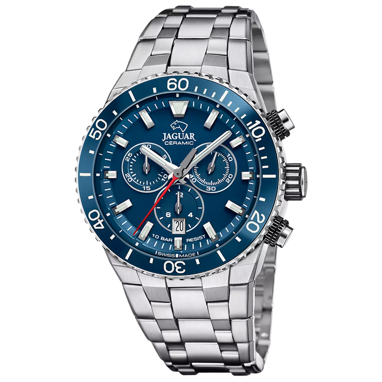 Reloj Jaguar Ceramic J1022/2 con esfera azul, cronógrafo, bisel cerámico azul y brazalete de acero inoxidable