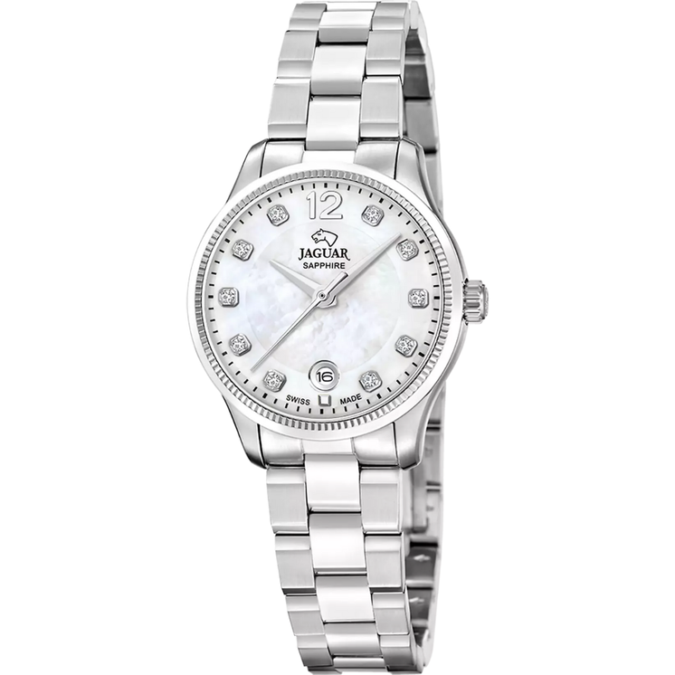Reloj Jaguar Swiss Made J1045/2 para mujer con esfera blanca, números arábigos y brazalete de acero inoxidable