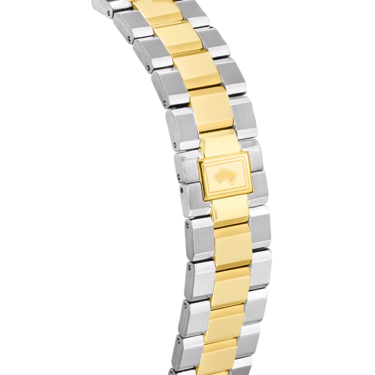 Detalle de la pulsera bicolor y del cierre del reloj Jaguar Swiss Made J1043/1 en acero inoxidable