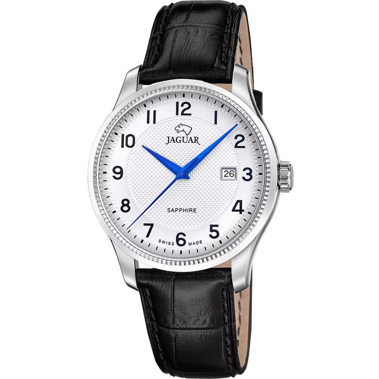 Reloj Jaguar Swiss Made J1042/1 para hombre con esfera plateada, números arábigos y correa de piel negra