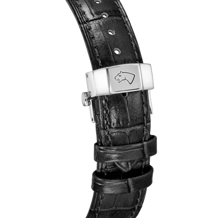 Detalle del cierre desplegable y correa de piel negra del reloj Jaguar Swiss Made J1042/5