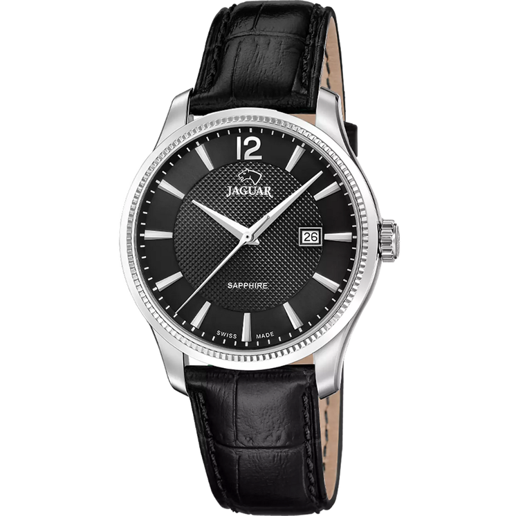 Reloj Jaguar Swiss Made J1042/5 para hombre con esfera negra, caja de acero inoxidable y correa de piel negra