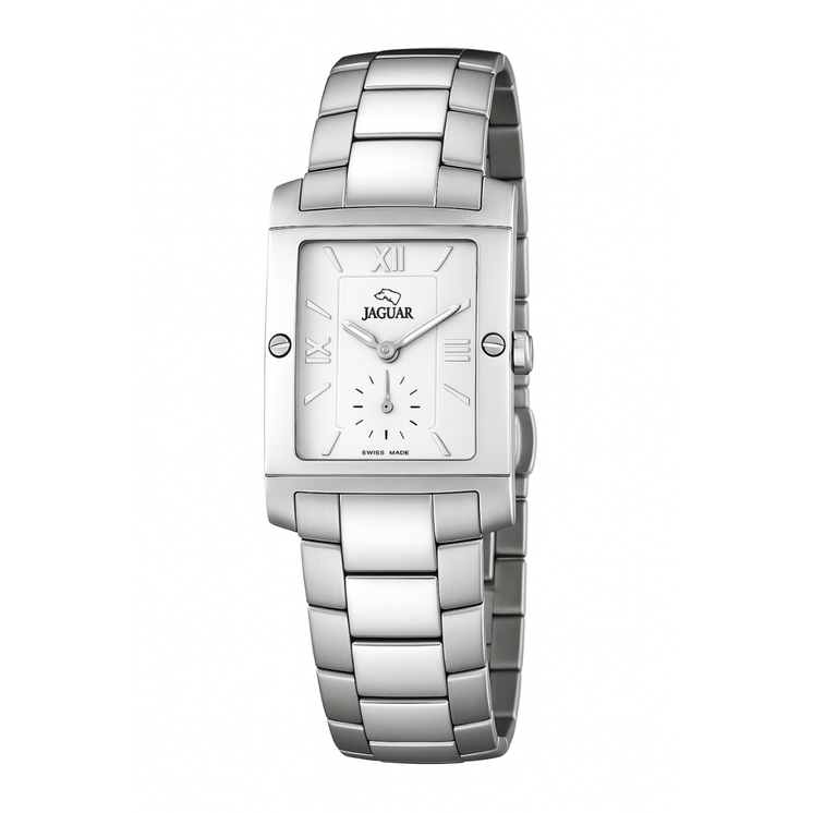 Reloj Jaguar Swiss Made J608/1 con caja rectangular, esfera plateada, pequeño segundero y brazalete de acero inoxidable