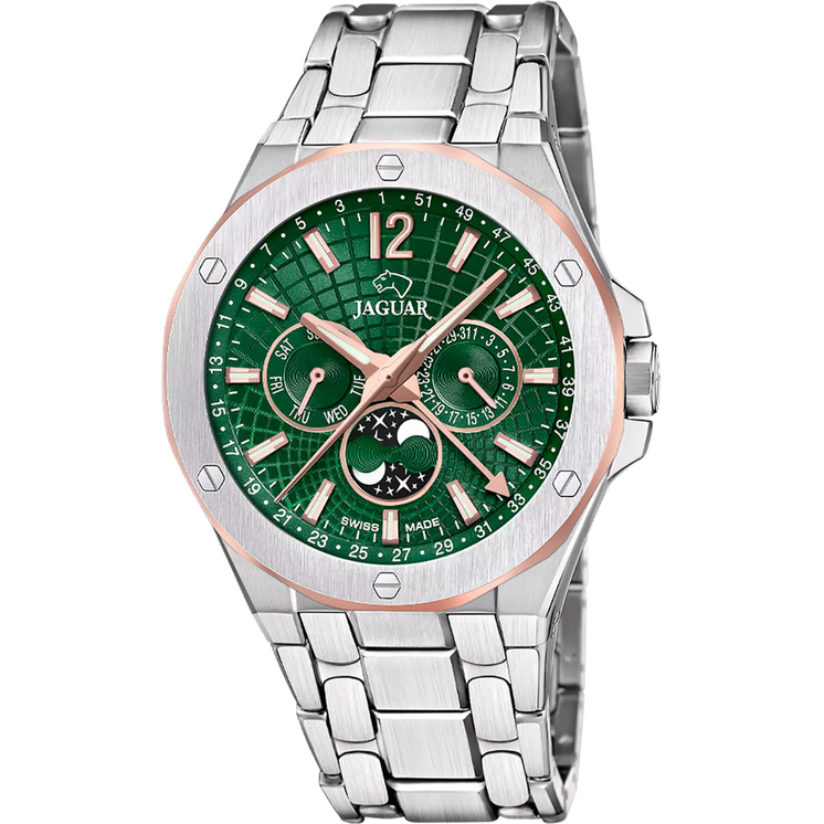 Reloj Jaguar Swiss Made Diplomatic J1039/3 con esfera verde, cronógrafo, detalles en tono oro rosa y brazalete de acero inoxidable