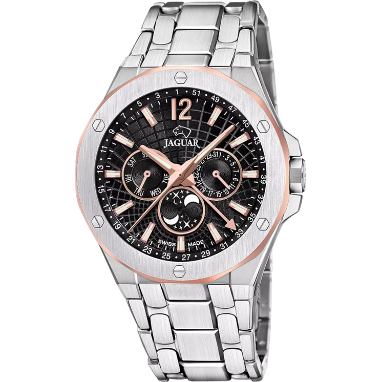 Reloj Jaguar Swiss Made Diplomatic J1039/4 con esfera negra, cronógrafo, detalles en tono oro rosa y brazalete de acero inoxidable