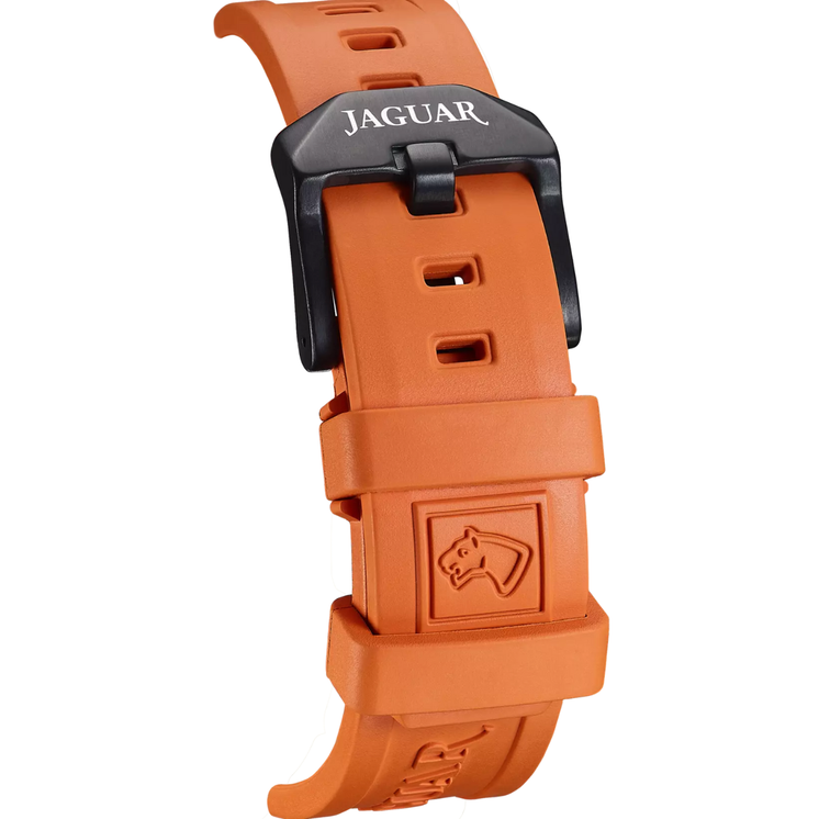 Detalle de la correa de caucho naranja y hebilla negra del reloj Jaguar Diplomatic J1010/1