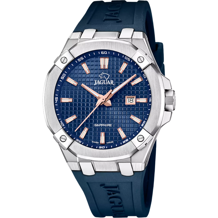 Reloj Jaguar Diplomatic J1010/2 con esfera azul, detalles en tono rosa y correa de caucho azul