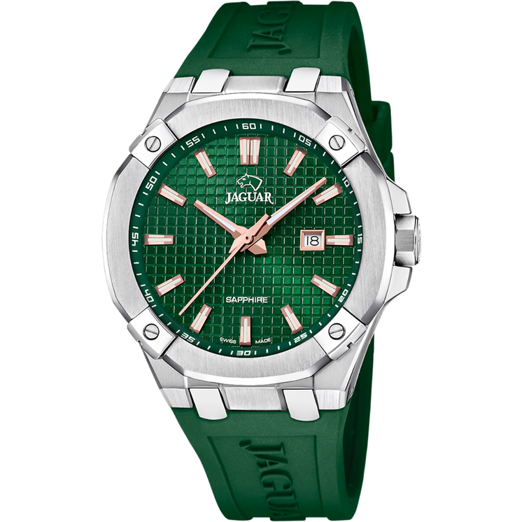 Reloj Jaguar Diplomatic J1010/3 con esfera verde, detalles en tono rosa y correa de caucho verde