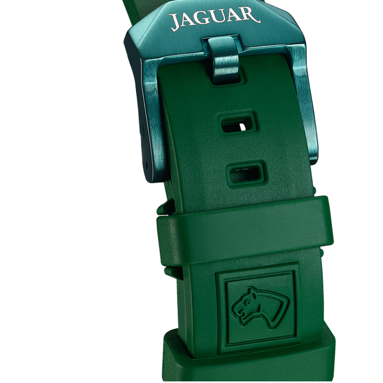 Detalle de la correa de caucho verde y hebilla del reloj Jaguar Diplomatic J1010/3