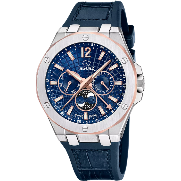 Reloj Jaguar Swiss Made Diplomatic J1040/2 con esfera azul, detalles en tono oro rosa y correa de piel azul