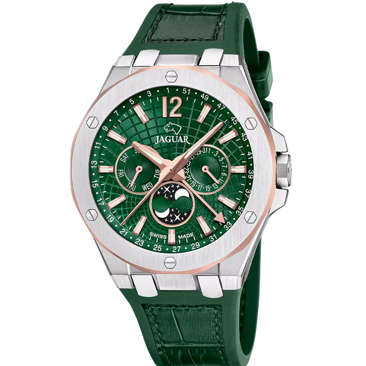 Reloj Jaguar Swiss Made Diplomatic J1040/3 con esfera verde, detalles en tono oro rosa y correa de piel verde